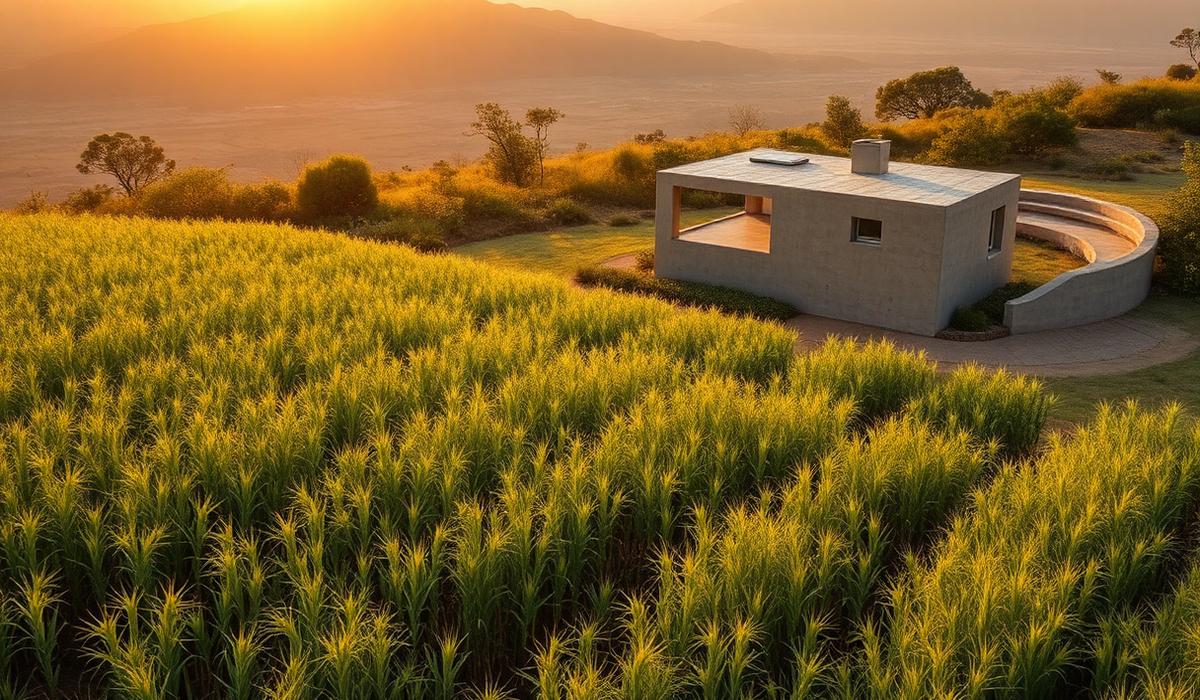 A modern hempcrete home surrounded by a regenerative hemp field at sunset